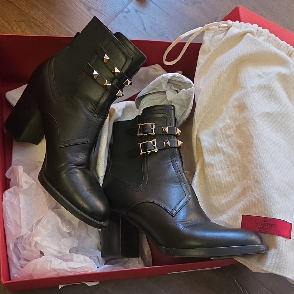 Valentino Black Ankle Boots with Gold Studs - Picture 1 of 9